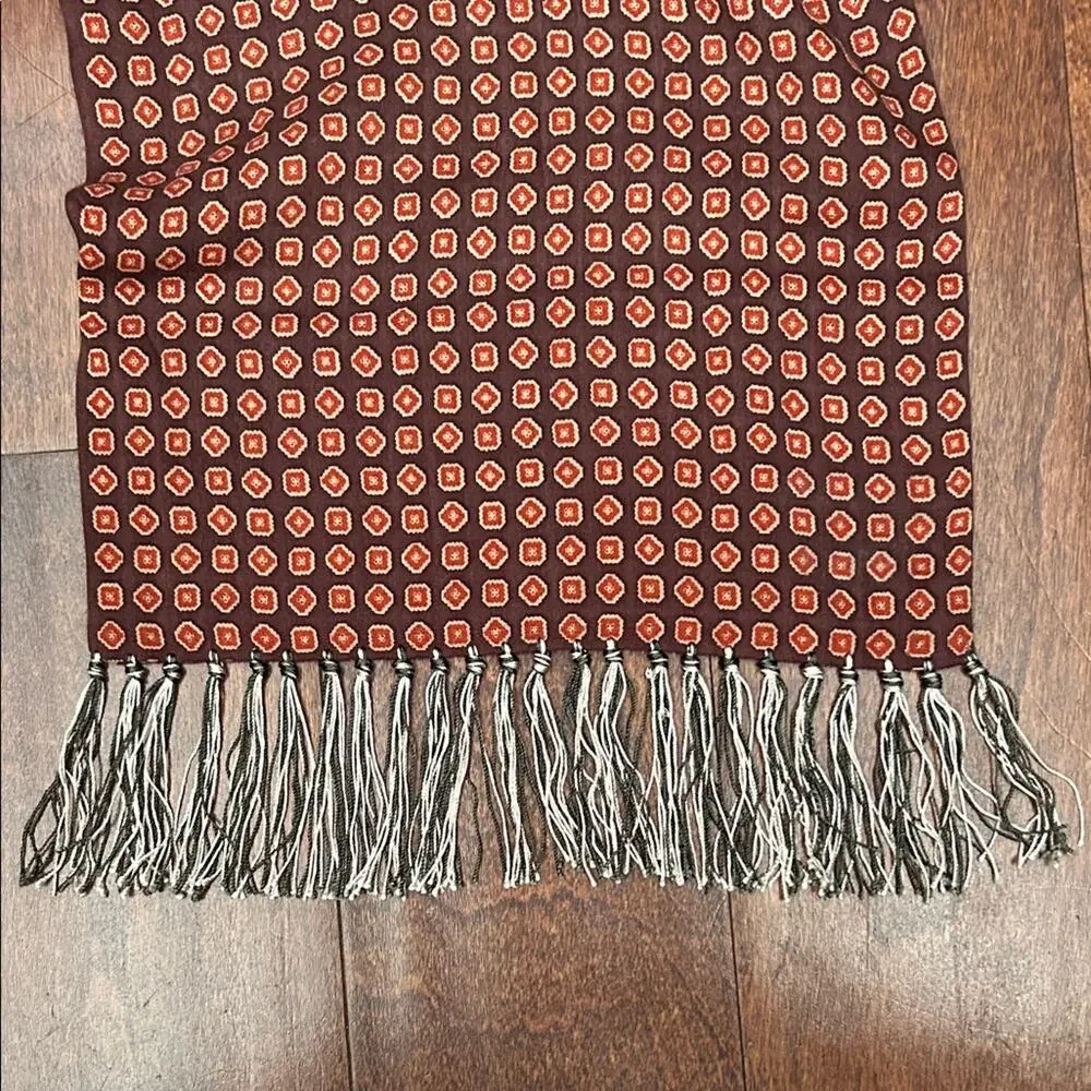 Geometric Patterned Scarf with Fringe, Shades of Brown, Brick, Red and Beige